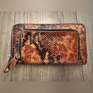Ted Baker Y2K Leather Snake Skin Wallet Full Zip Metallic Brown Orange Clutch